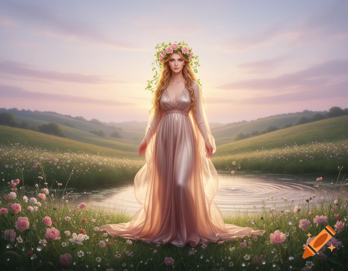A beautiful woman with long blonde hair and a flower crown, wearing a flowing light pink gown, stands by a pond in a vibrant field of flowers at sunset, with rolling green hills in the background.