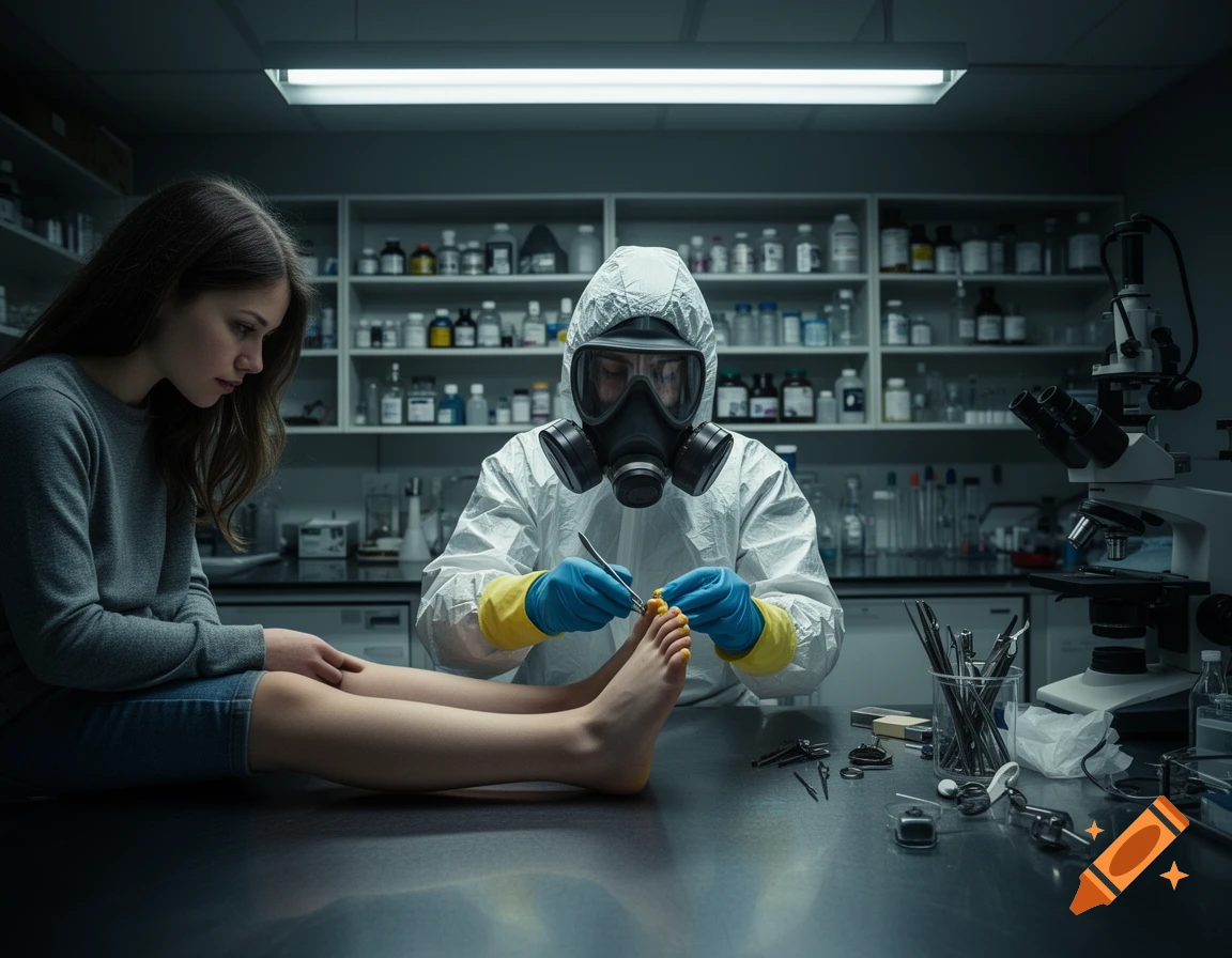 A person in a hazmat suit and gas mask examines the foot of a young woman sitting on a table in a dimly lit laboratory, surrounded by scientific equipment.