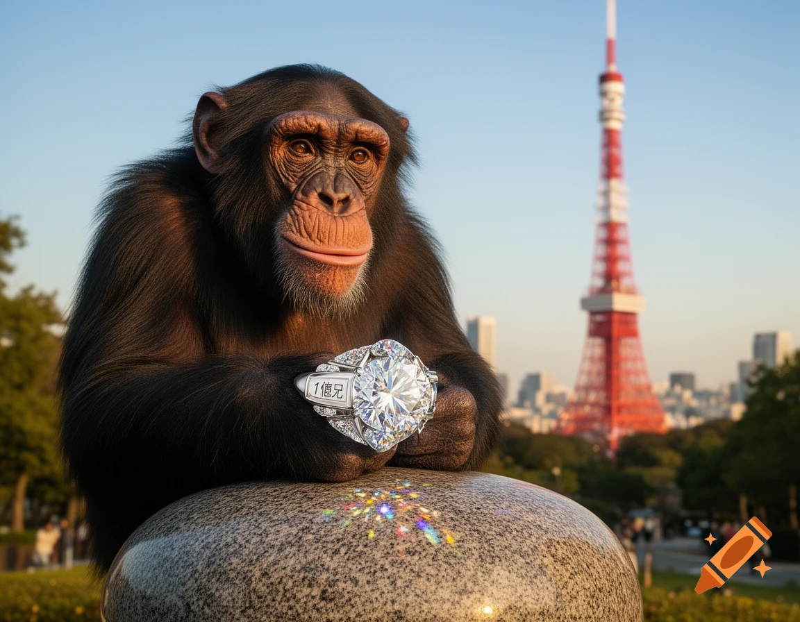 A photorealistic chimpanzee holds a massive diamond ring, with the Tokyo Tower and a city skyline in the background at sunset.
