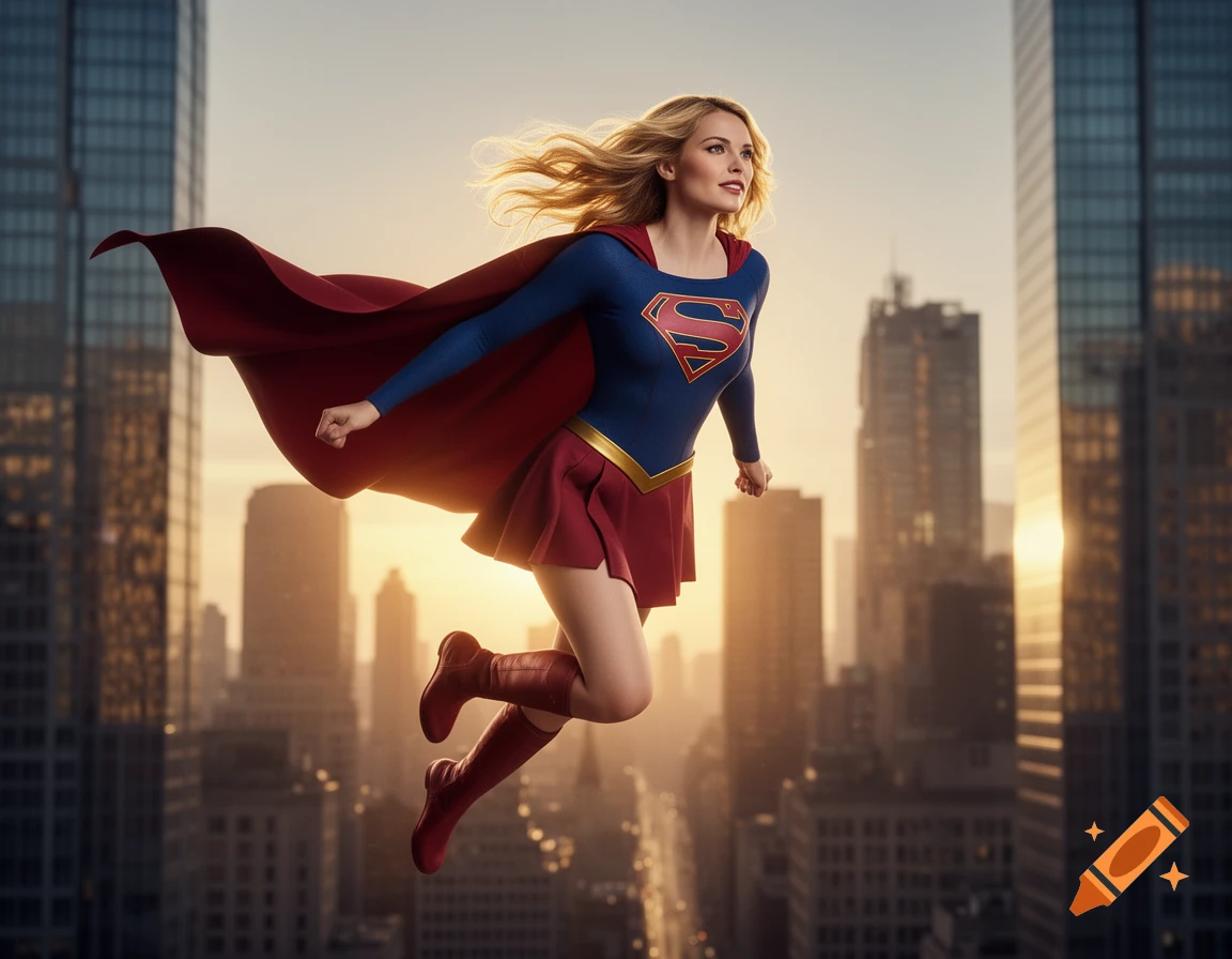 Photorealistic Supergirl with blonde hair and red cape flying confidently over a city at sunset.