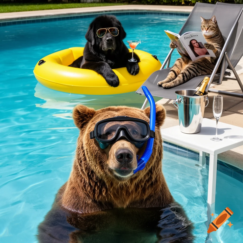 A grizzly bear with a snorkel and mask swims in a pool. Behind him, a dog in sunglasses floats in a tube with a cocktail, and a cat reads a magazine in a deck chair.