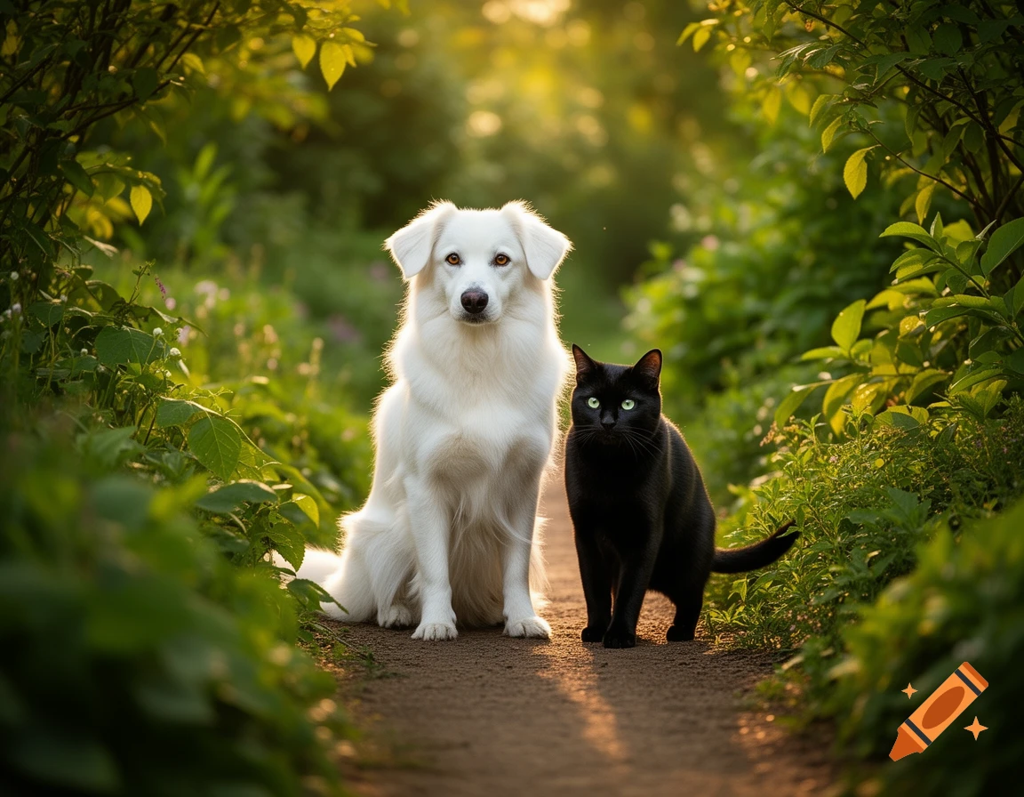 A white dog and a black cat sit together on a sunlit path surrounded by green foliage.