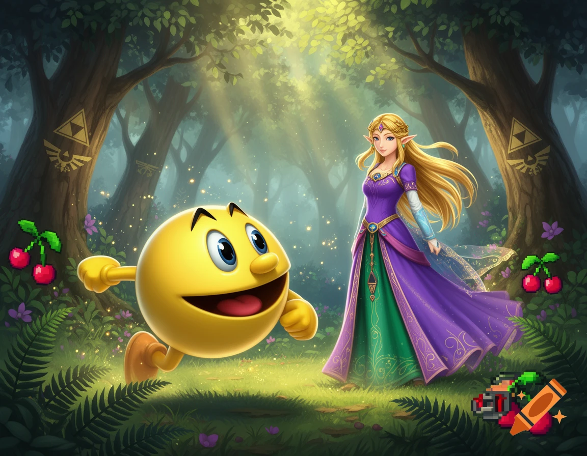 Pac-Man and Princess Zelda in a vibrant, sunlit fantasy forest with pixelated cherries and Triforce symbols on trees.