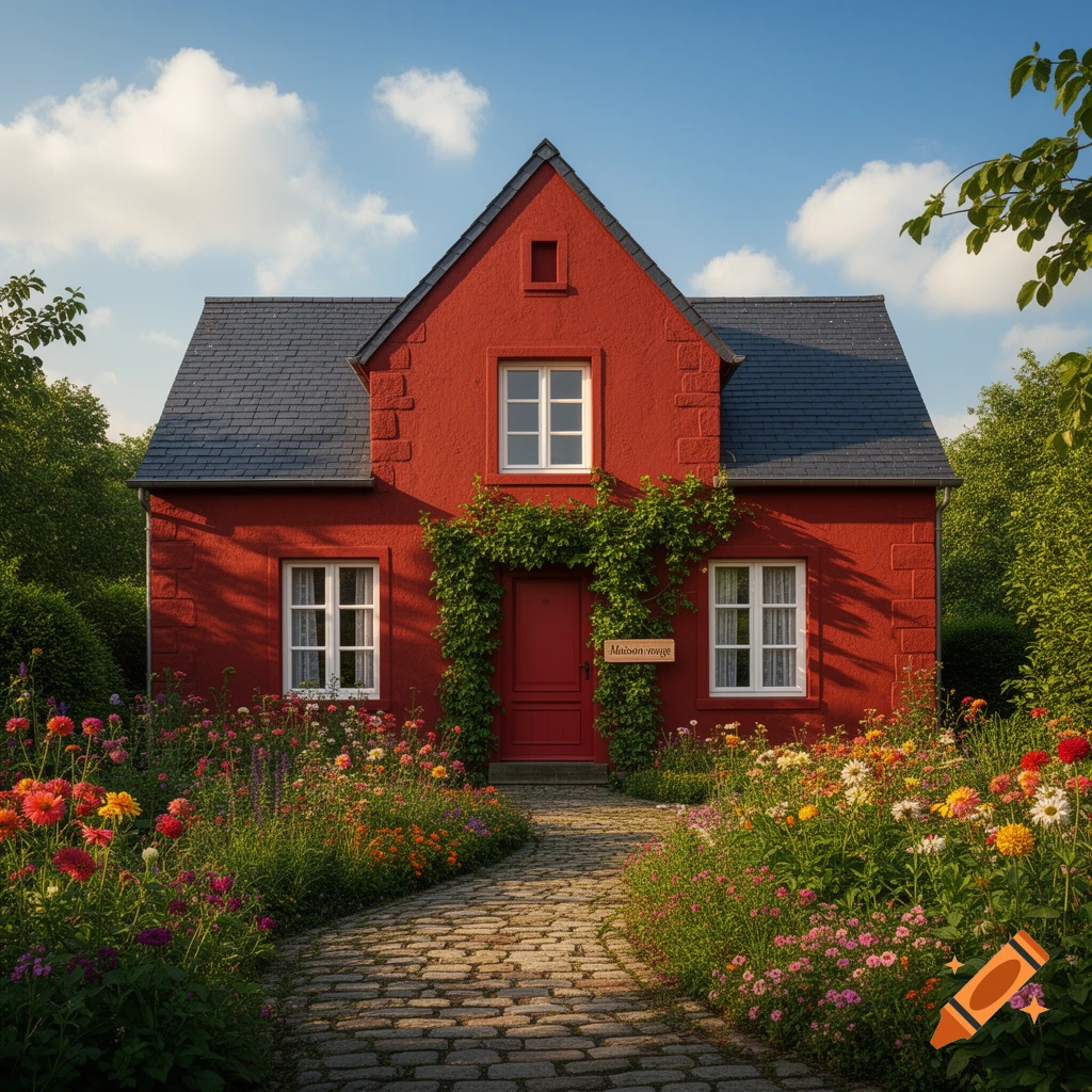 Photorealistic image of a vibrant red house with a dark grey roof, surrounded by colorful flower gardens under a blue sky. A cobblestone path leads to the ivy-covered front door.