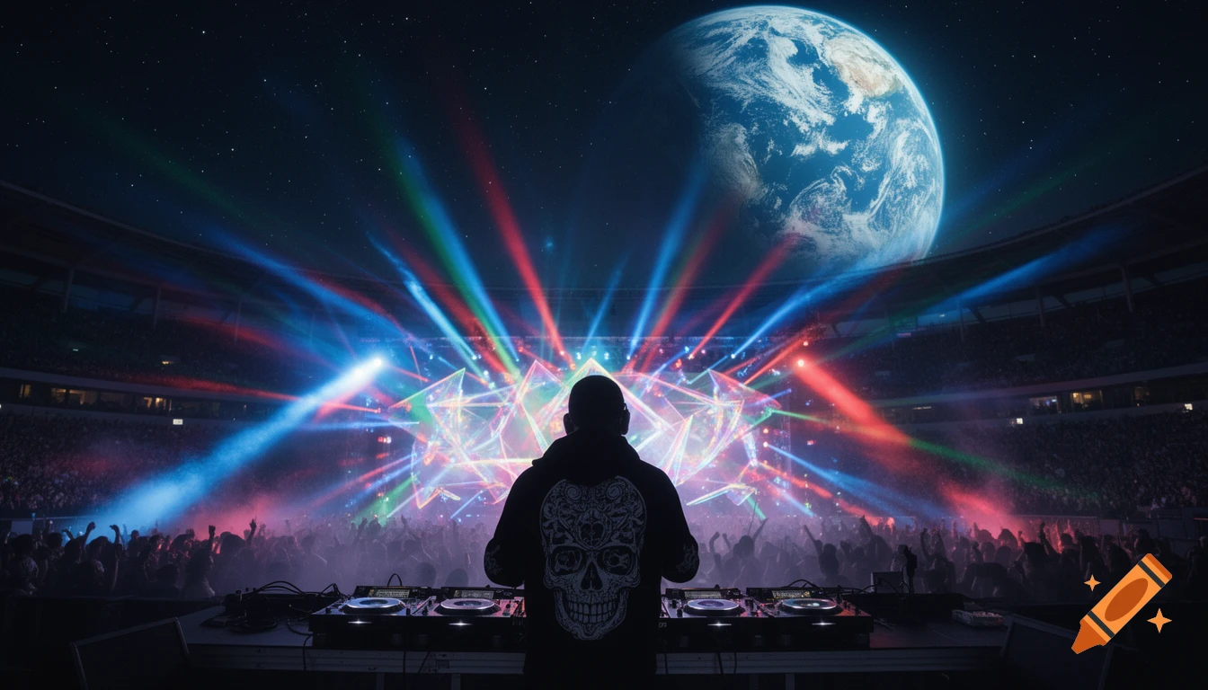 DJ with a skull hoodie performing at a vibrant outdoor concert with a massive light show and the Earth in the night sky.
