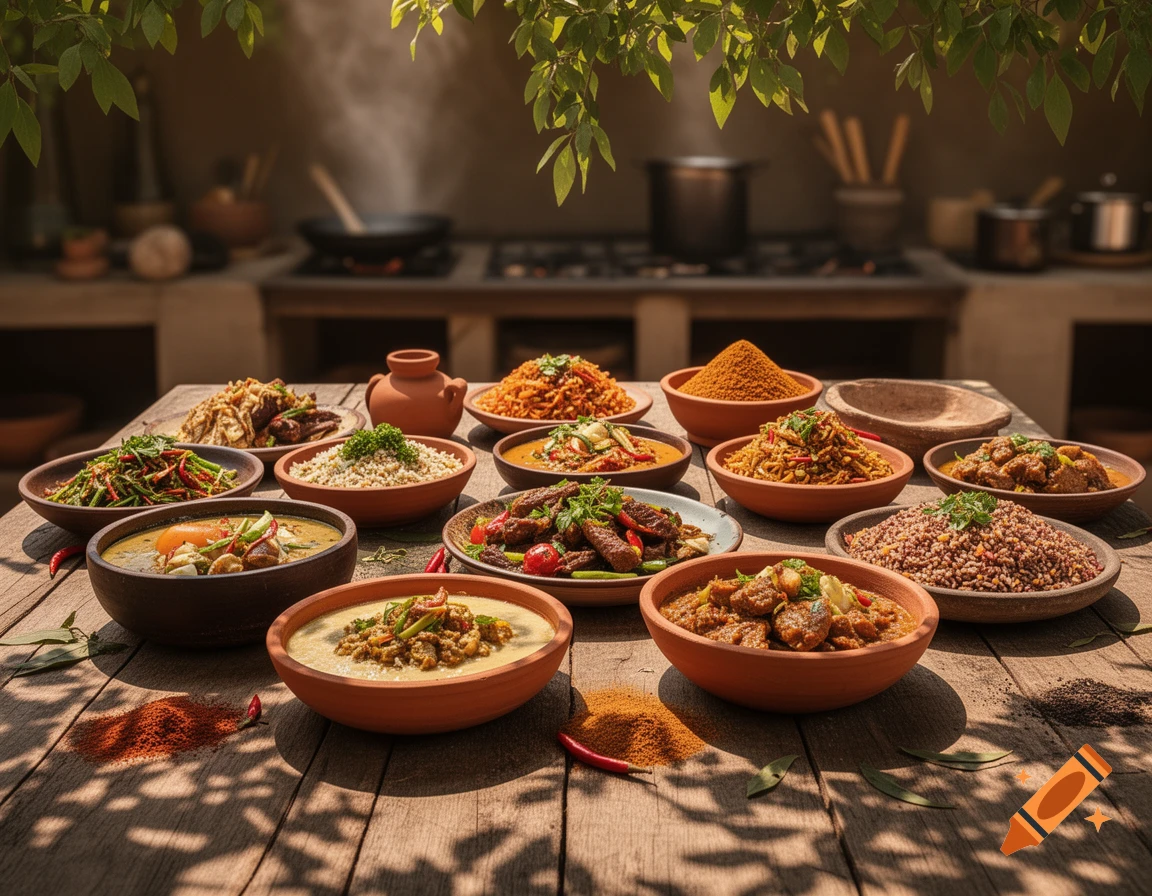 A rustic wooden table laden with various bowls of vibrant, savory food dishes and spices in an outdoor kitchen setting, under dappled sunlight.