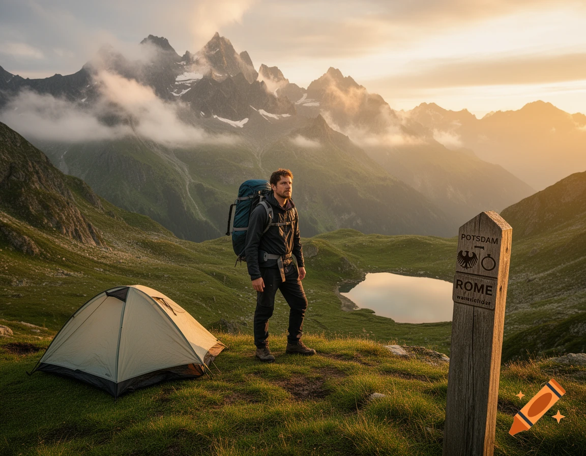 A man with a backpack stands next to a tent and a signpost in a scenic mountain landscape at sunset, with a lake and cloudy peaks in the background.