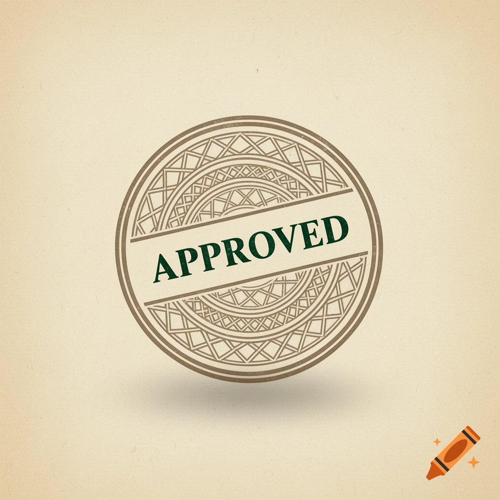 A circular brown stamp with intricate patterns and the word APPROVED in green across the center on a beige background.