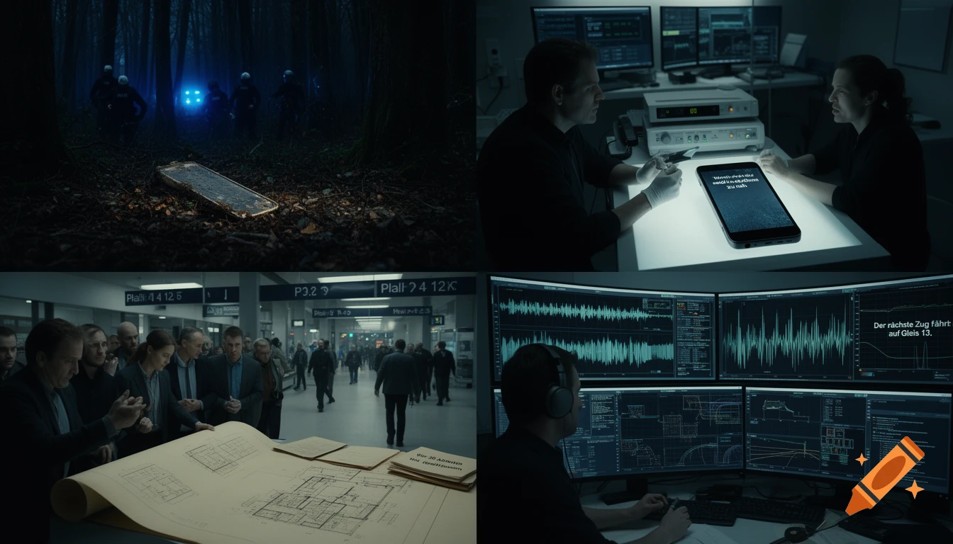 A four-panel image in a cinematic style. Top left shows police in a dark forest at night with an old smartphone. Top right shows two investigators in a lab examining a phone on a light table. Bottom left shows people looking at blueprints in a busy train station. Bottom right shows a person in headphones analyzing data on multiple monitors.
