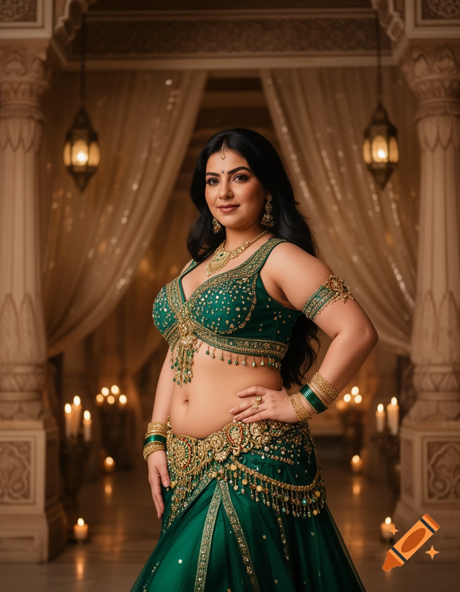 A beautiful Indian woman in a shimmering emerald green and gold belly dancing costume poses gracefully in an ornate palace setting with warm candlelight.