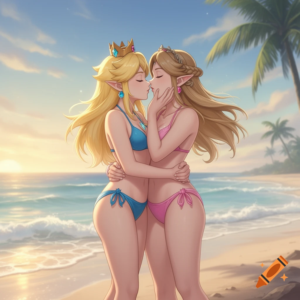 Anime-style Princess Peach and Zelda kiss on a beach at sunset, embracing near the ocean and palm trees.