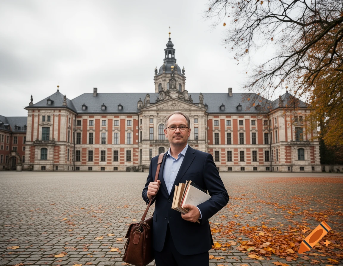 A man in a suit holding books and a satchel stands in a cobblestone courtyard with autumn leaves, in front of a grand historic building.