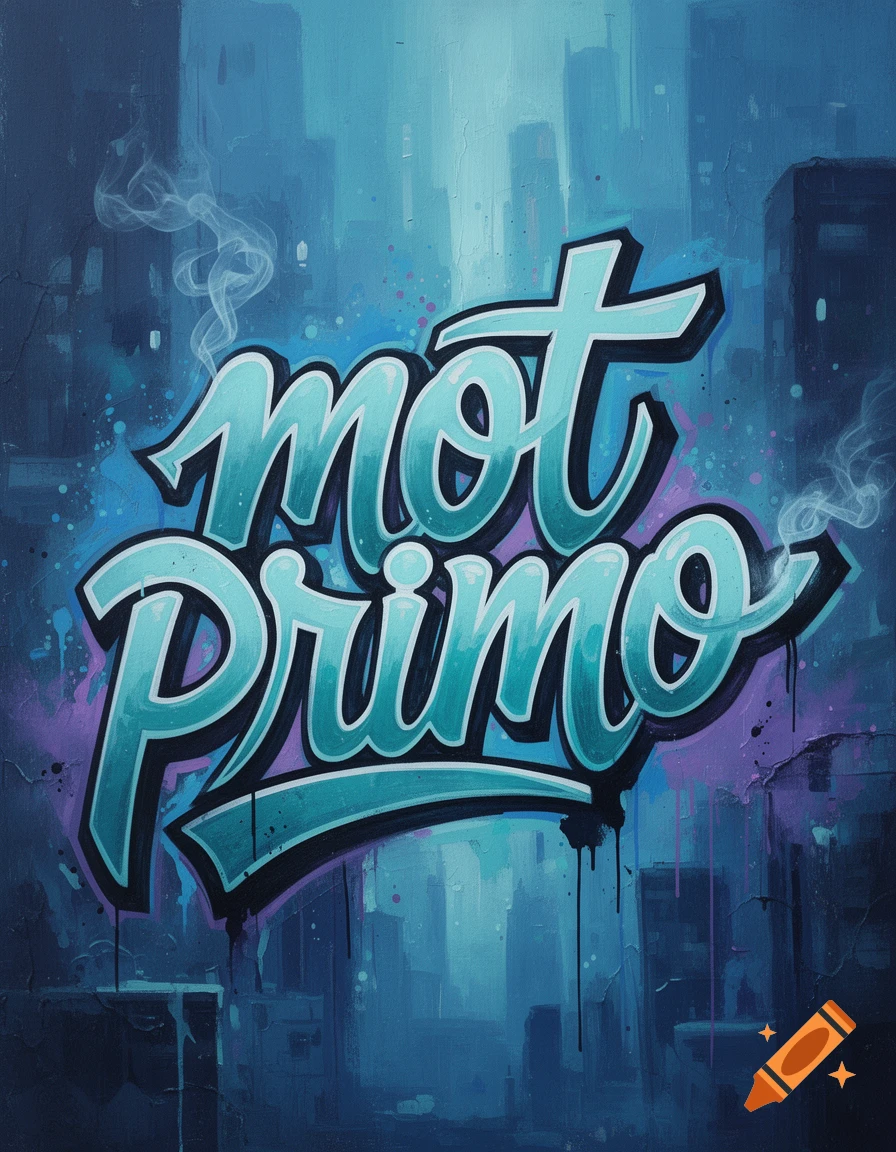 Graffiti art of 'mot Primo' in cool blue, teal, and purple tones, set against a blurred city skyline.