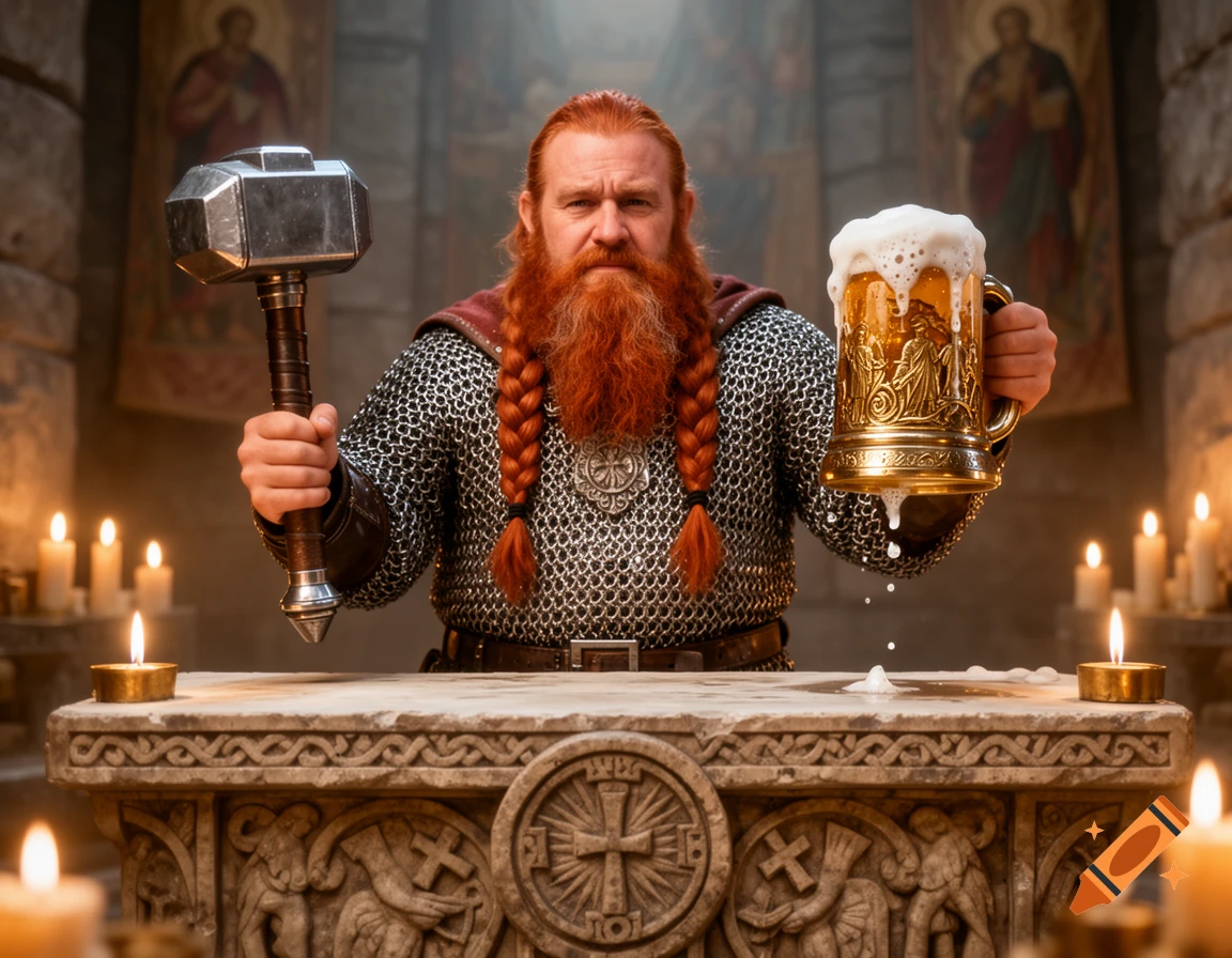 Photorealistic image of a red-bearded dwarven cleric in chainmail, holding a warhammer and a frothing beer stein in front of a stone altar.