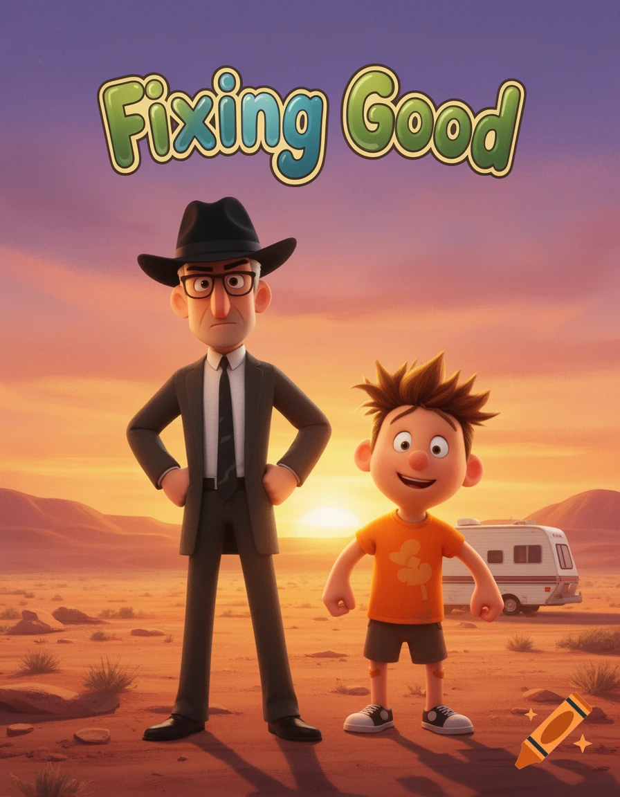 Pixar-style movie poster for 'Fixing Good' with an adult man and a boy standing in a desert at sunset, a camper van behind them.