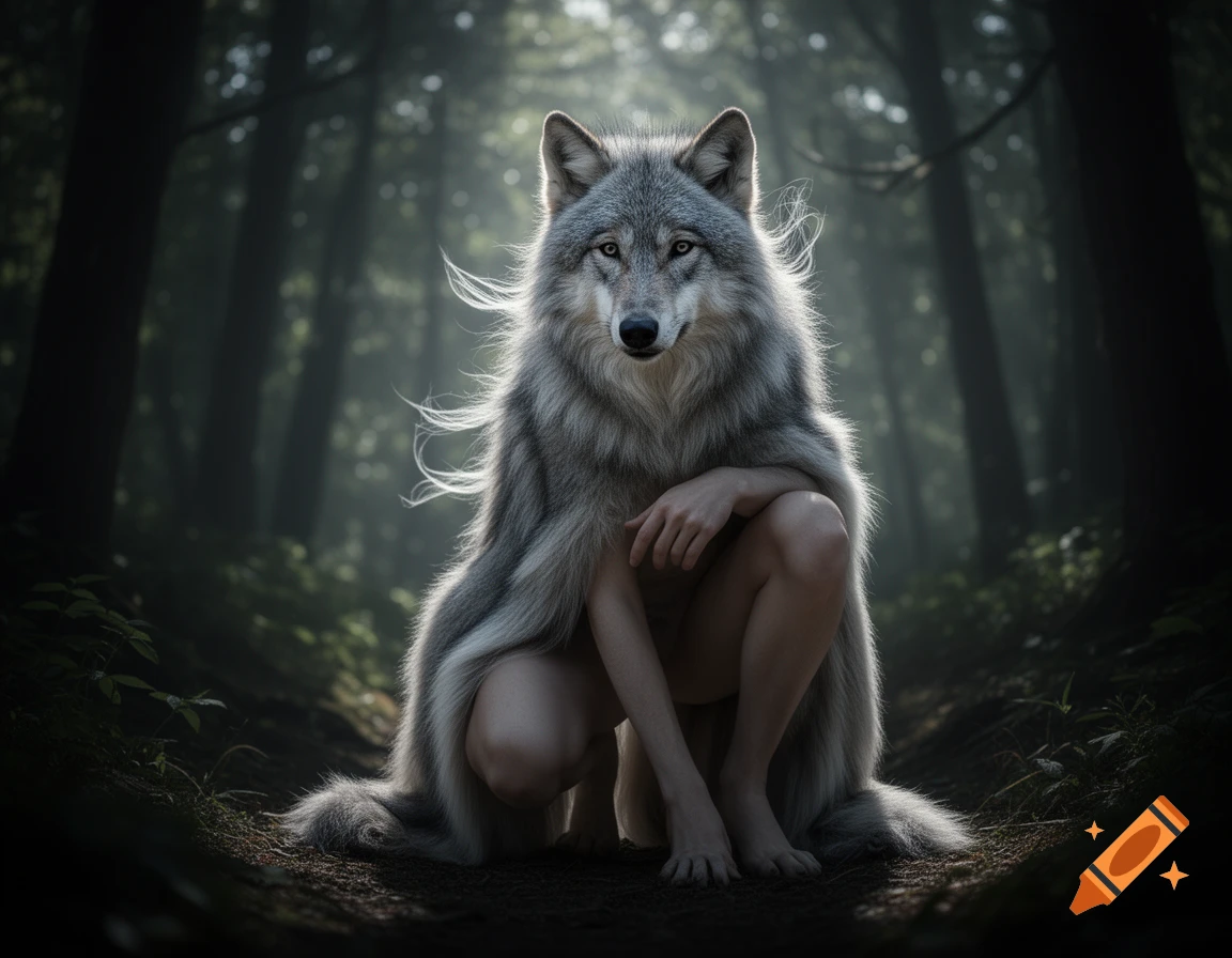 A photorealistic image of a crouching wolf-headed humanoid creature with bare human limbs and fur in a dark, mystical forest with dappled sunlight.