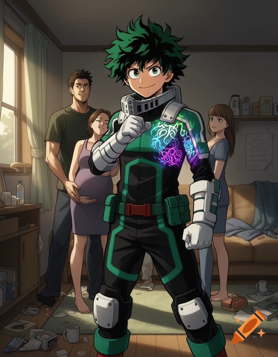 Anime depiction of Izuku Midoriya in his superhero suit, smiling and pointing, with a pregnant woman and two other adults in a cluttered room behind him.