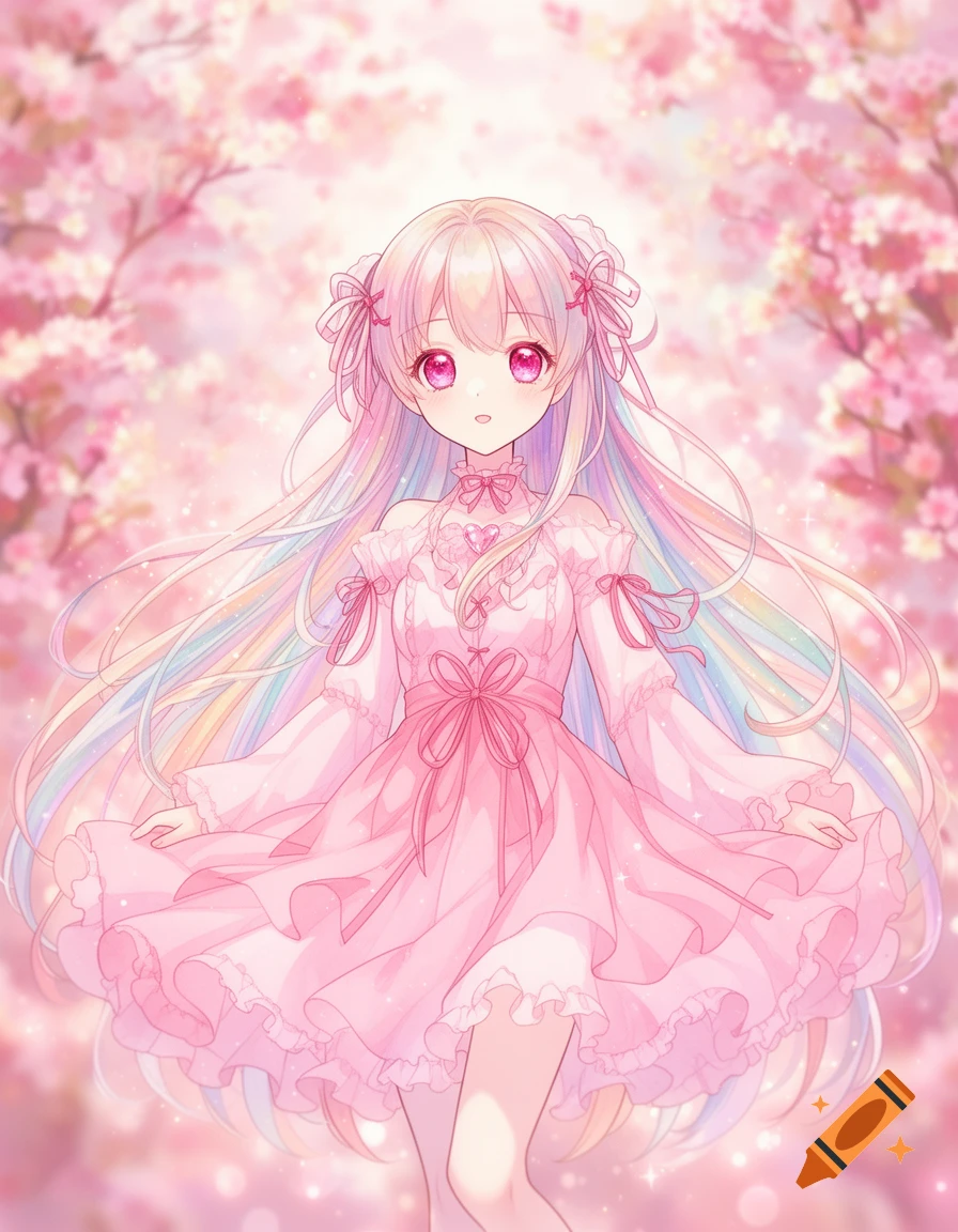 An anime girl in a flowing pink dress with pastel rainbow hair and big pink eyes, surrounded by glowing cherry blossoms.