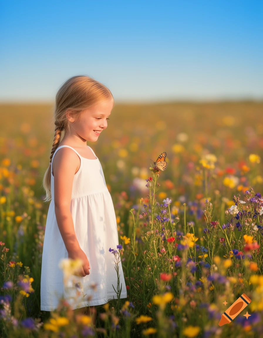 A smiling girl with braided hair watches a butterfly on a flower in a field of colorful wildflowers under a blue sky.