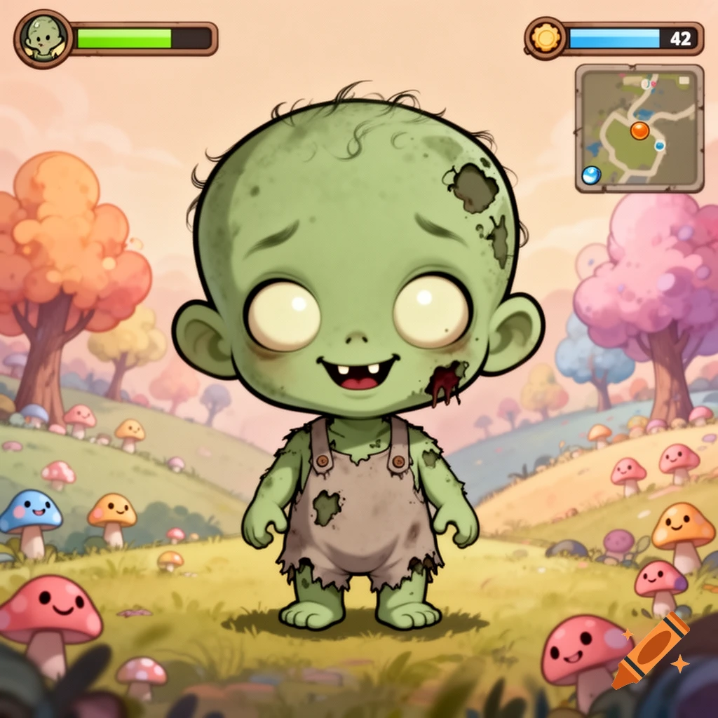 A cute, cartoon baby zombie in torn overalls stands in a colorful mushroom forest with RPG game UI elements.