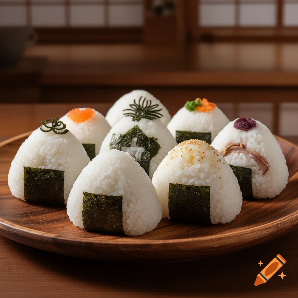 Multiple onigiri rice balls wrapped in seaweed with various toppings, like fish roe and sesame seeds, arranged on a wooden plate.