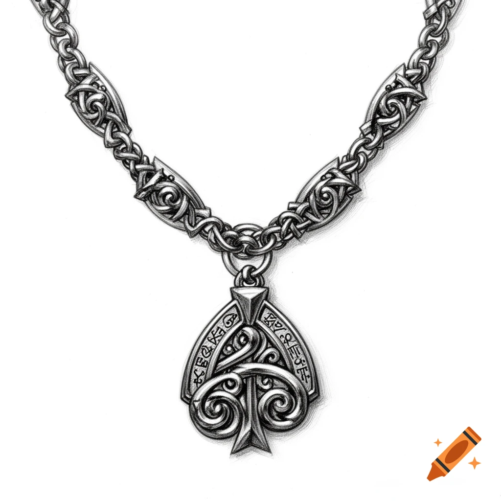 A black and white sketch of a fantasy-themed silver necklace with intricate Celtic knot patterns and runic symbols on the pendant.