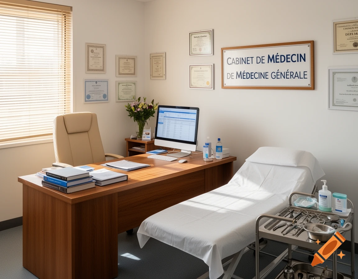 A tidy, brightly lit general practitioner's medical office with a desk, computer, examination table, and medical tools.