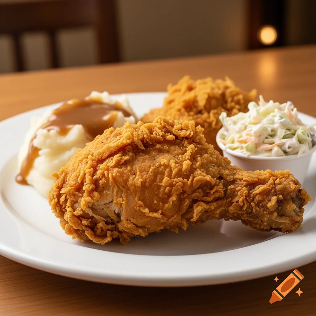 A plate of crispy fried chicken drumstick, mashed potatoes with gravy, and a side of coleslaw.