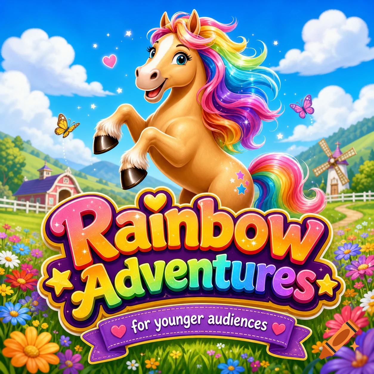 Cartoon rainbow horse on hind legs amidst flowers, with 'Rainbow Adventures for younger audiences' logo, cheerful style.
