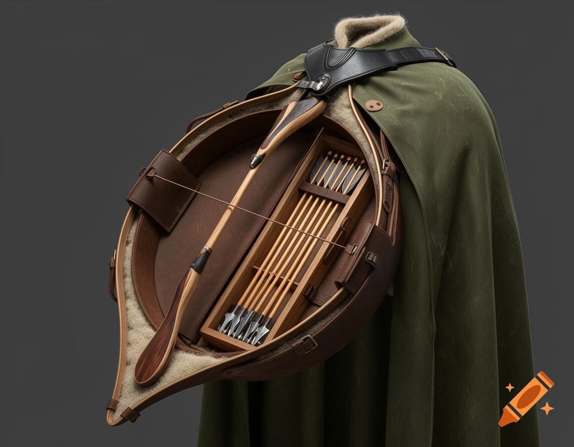 Detailed view of a hunter's teardrop-shaped leather carrying case with a bow and arrows, worn over a green waxed canvas cloak.
