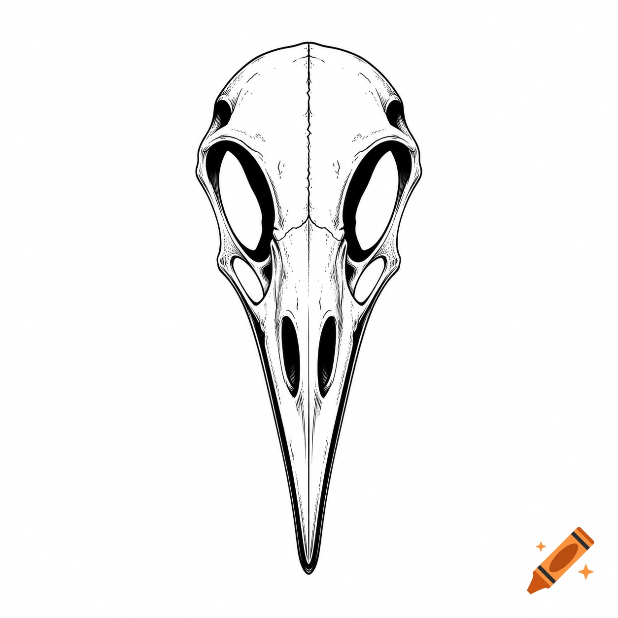 A detailed black and white line art illustration of a bird skull with a long beak and prominent eye sockets.
