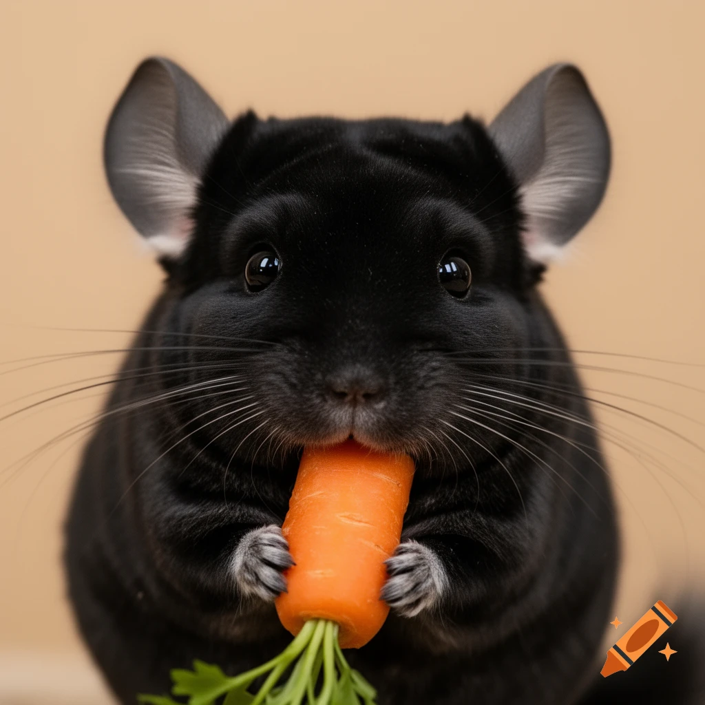 A close-up, photorealistic image of a fluffy black chinchilla with shiny eyes, holding and eating an orange carrot.
