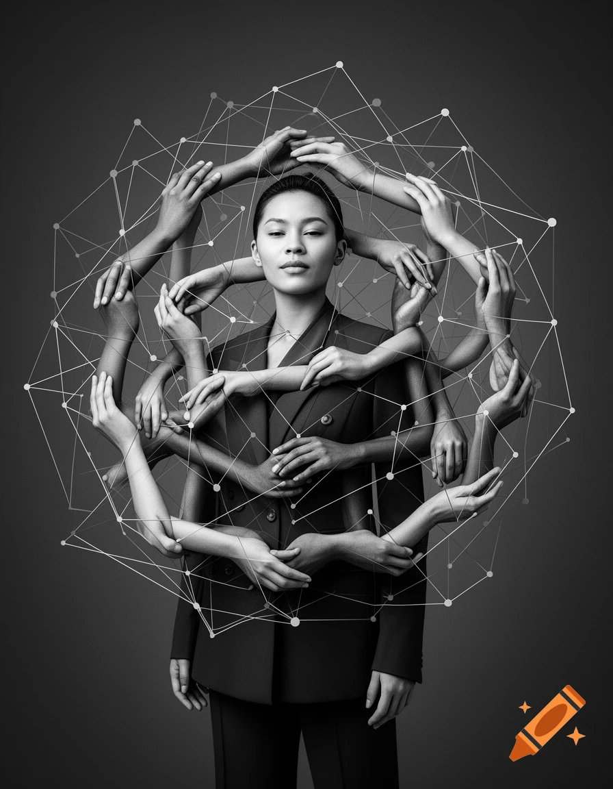 Black and white conceptual portrait of a woman in a suit, surrounded by multiple hands and a geometric network overlay.