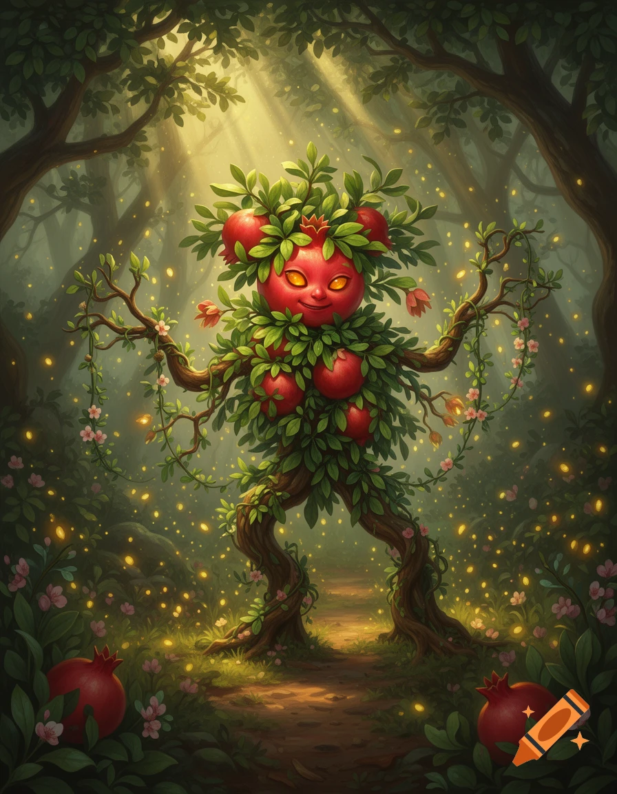 A smiling pomegranate leshy, a creature of leaves and branches with glowing eyes, stands in a sunlit magical forest with sparkling lights.