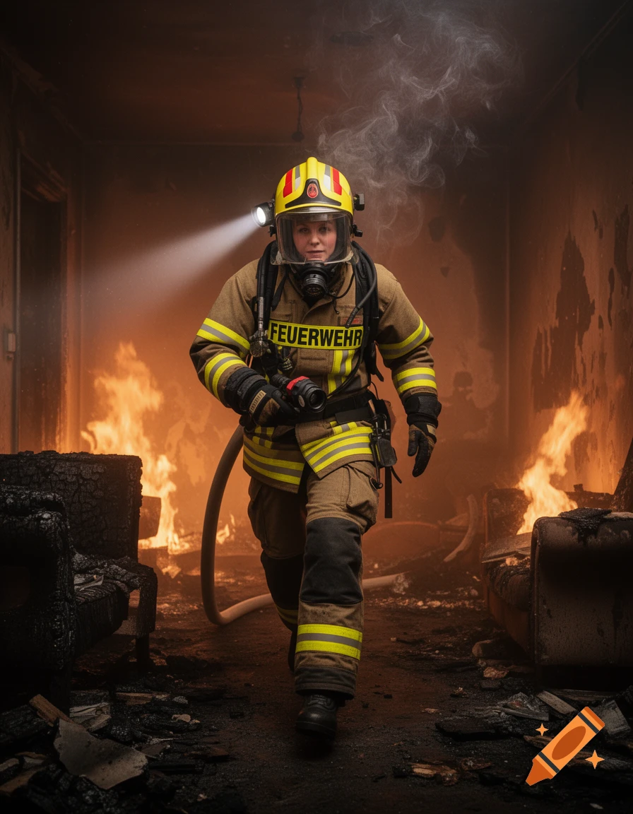 A female firefighter in full gear with a headlamp and oxygen tank walks through a burning, smoke-filled room.