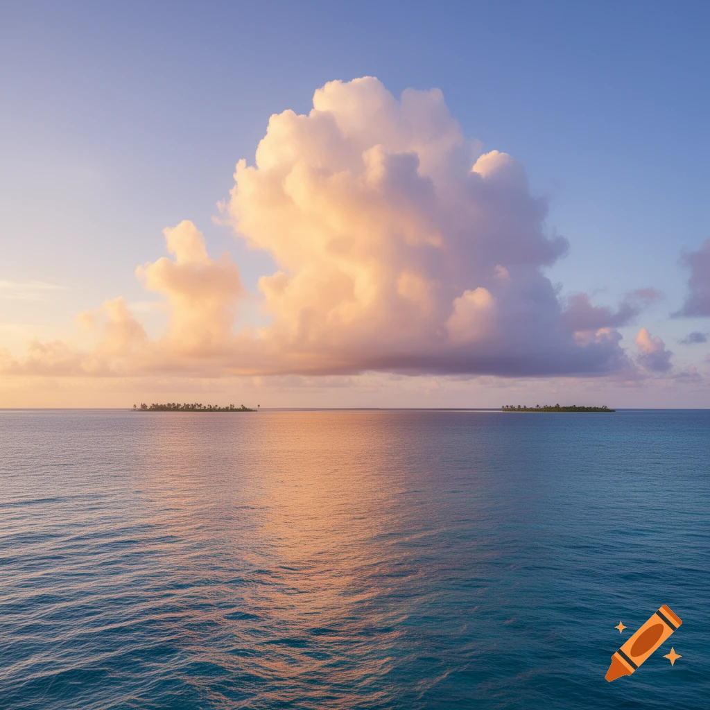 A serene tropical seascape at sunset with a large, golden-pink cloud reflecting on the calm blue ocean and two small islands on the horizon.