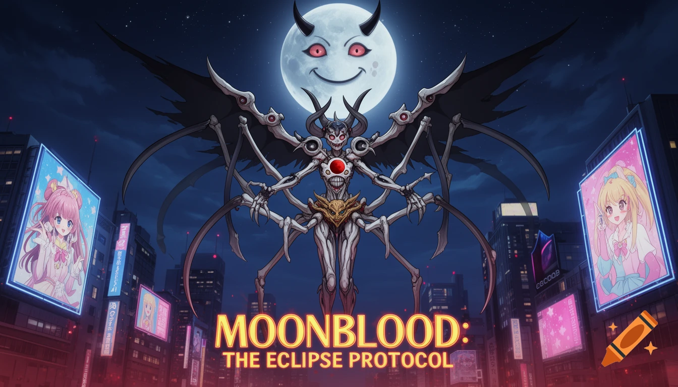 A monstrous bio-mechanical creature with wings and multiple limbs hovers over a futuristic city at night, illuminated by a smiling demonic moon. Anime-style billboards glow in the foreground. The title "MOONBLOOD: THE ECLIPSE PROTOCOL" is at the bottom.