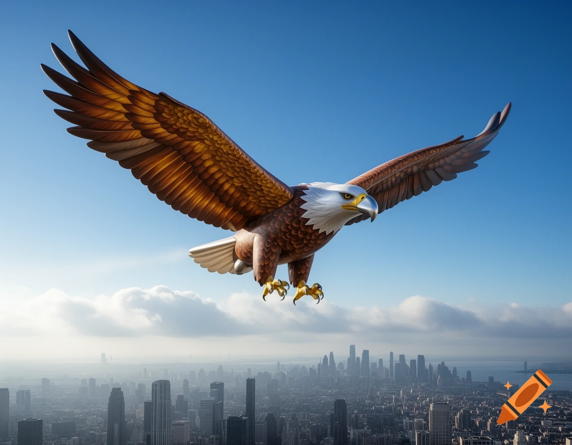 A giant bald eagle with spread wings flies high above a sprawling city under a clear blue sky.