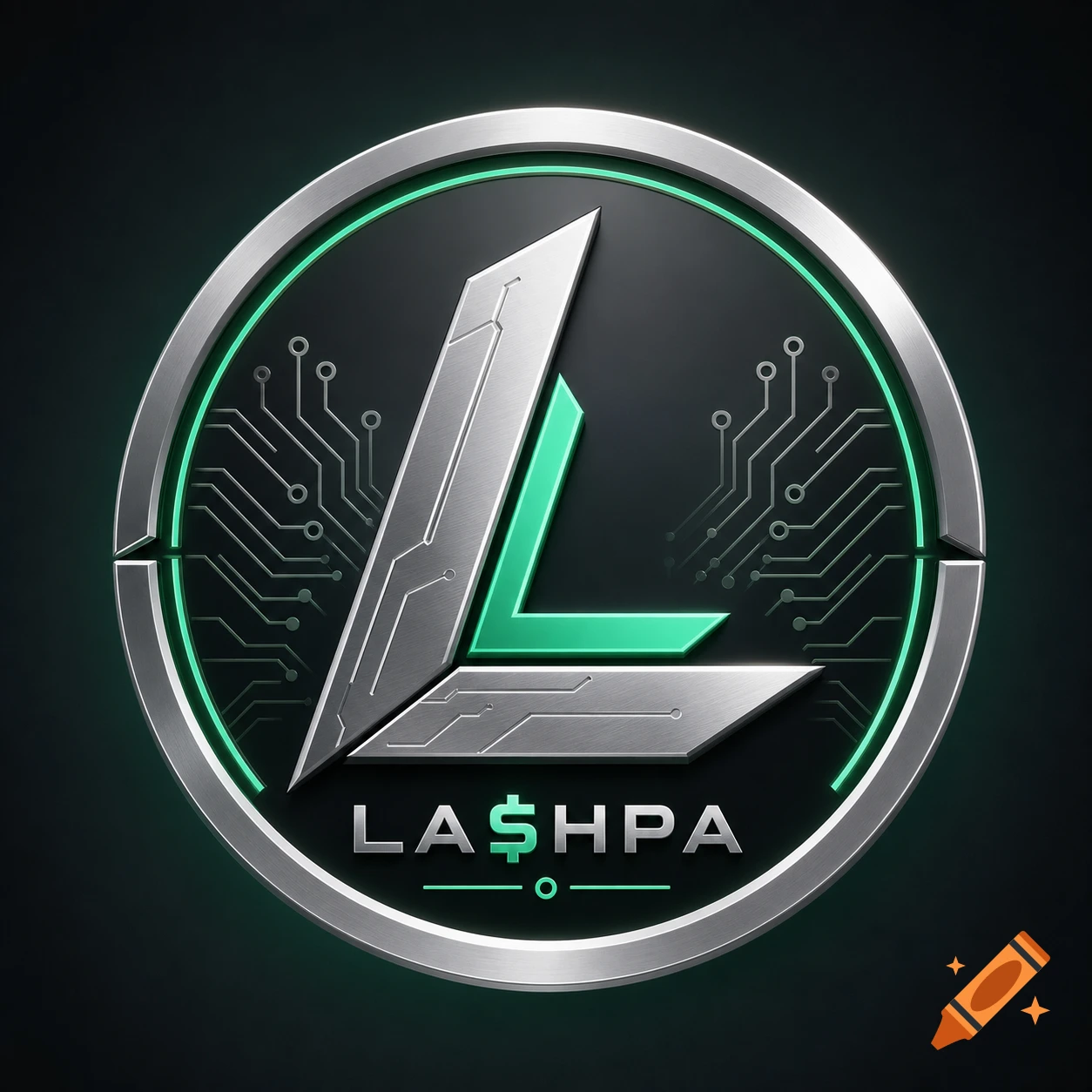 A metallic and green cryptocurrency logo with circuit board patterns, featuring the text 'LA$HPA' in a stylized font.