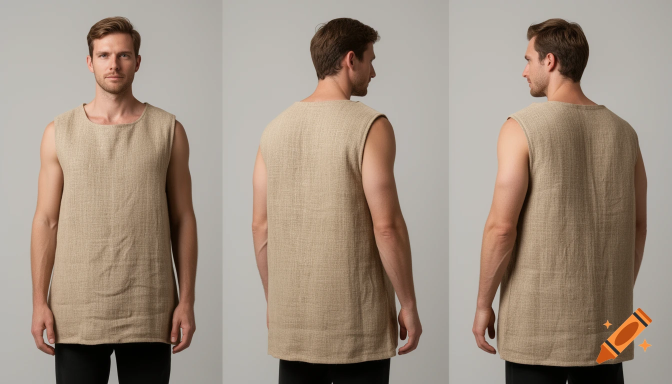 A man models a beige sleeveless top from front, back, and three-quarter back views in a photorealistic studio shot.