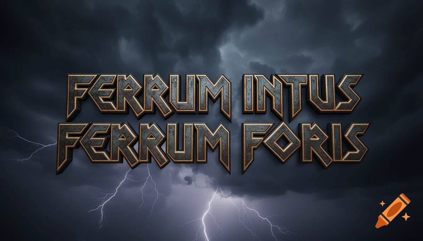 Metallic text 'FERRUM INTUS FERRUM FORIS' against a stormy sky with lightning.