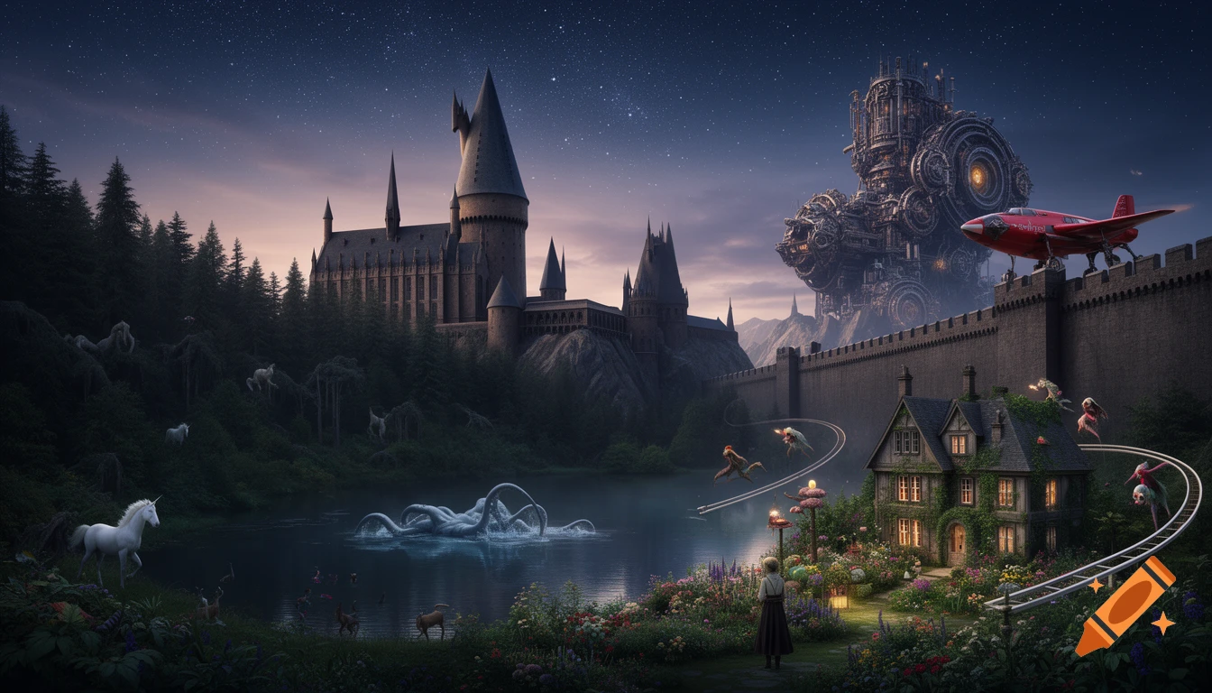A fantastical landscape featuring a Hogwarts-like castle, a forest with unicorns, a lake with a kraken, a steampunk moving city, a red plane atop a wall, and a quaint house with a garden, all under a starry sky.