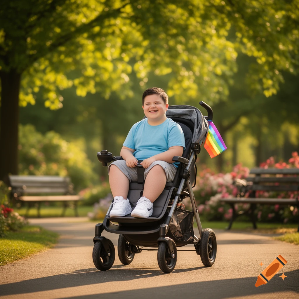 A smiling child in a power stroller with a rainbow flag on a sunny park path.
