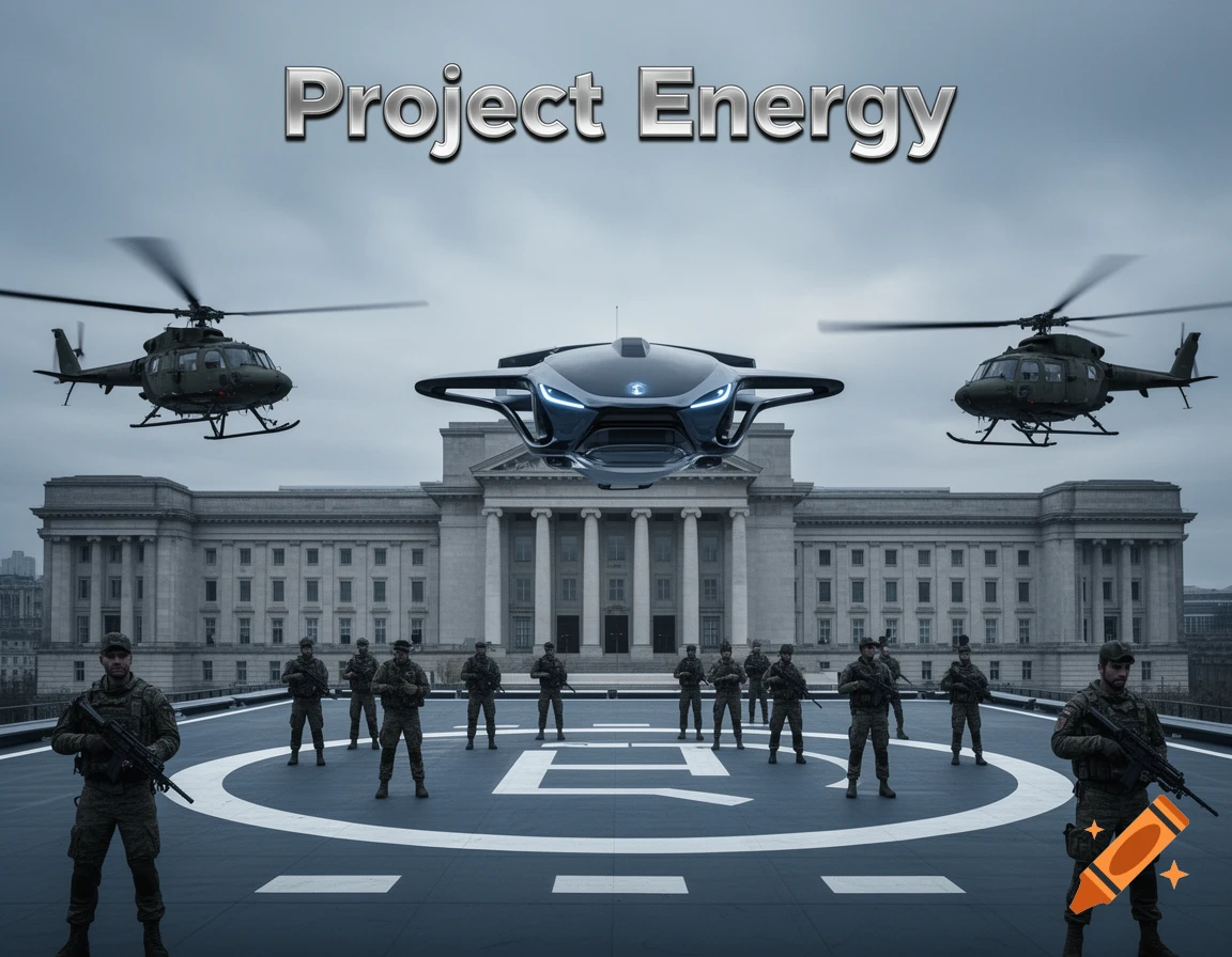Photorealistic image of a futuristic flying taxi and two military helicopters landing on a grand building's rooftop, guarded by armed soldiers, with 'Project Energy' text.