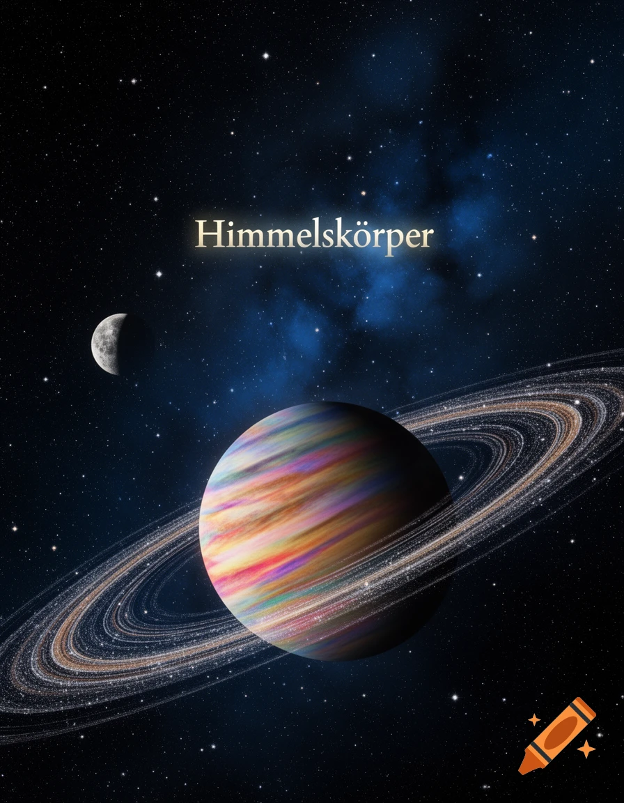 A vibrant, colorful ringed planet and a crescent moon in a star-filled cosmic background with a blue nebula. The text "Himmelskorper" floats above the planet.