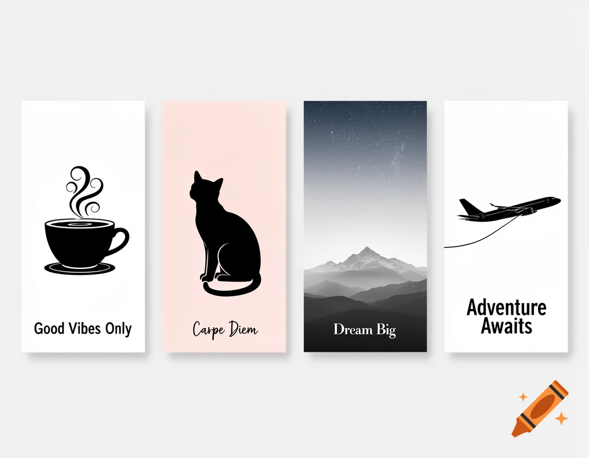 Four minimalist posters: a coffee cup with 'Good Vibes Only', a black cat with 'Carpe Diem', mountains with 'Dream Big', and a plane with 'Adventure Awaits'.