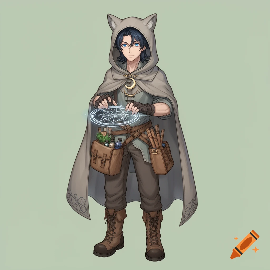 Anime-style illustration of a young man in a gray wolf-eared hooded cloak, fingerless gloves, and boots, holding a glowing magic circle, with satchels of herbs.