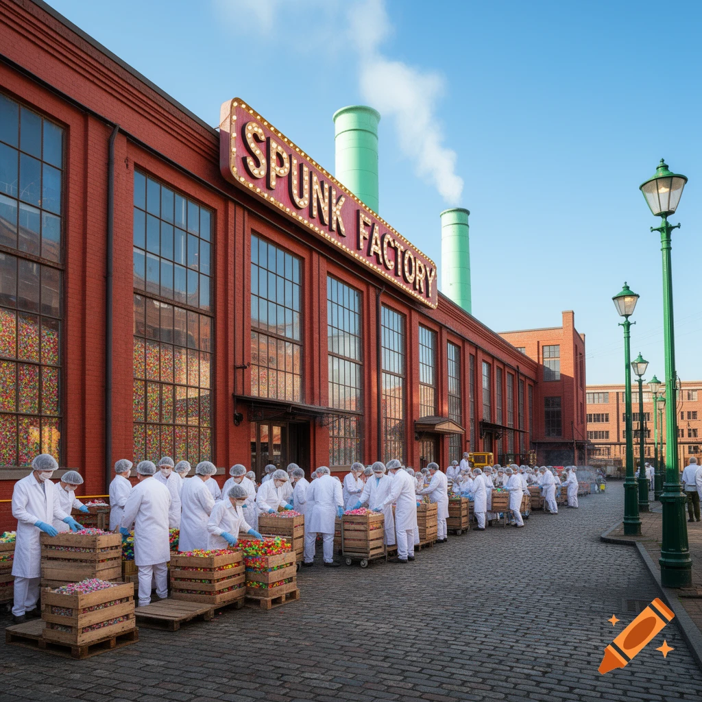 Photorealistic image of a red brick 'Spunk Factory' building with green smokestacks, workers loading crates of colorful items on a cobblestone street.