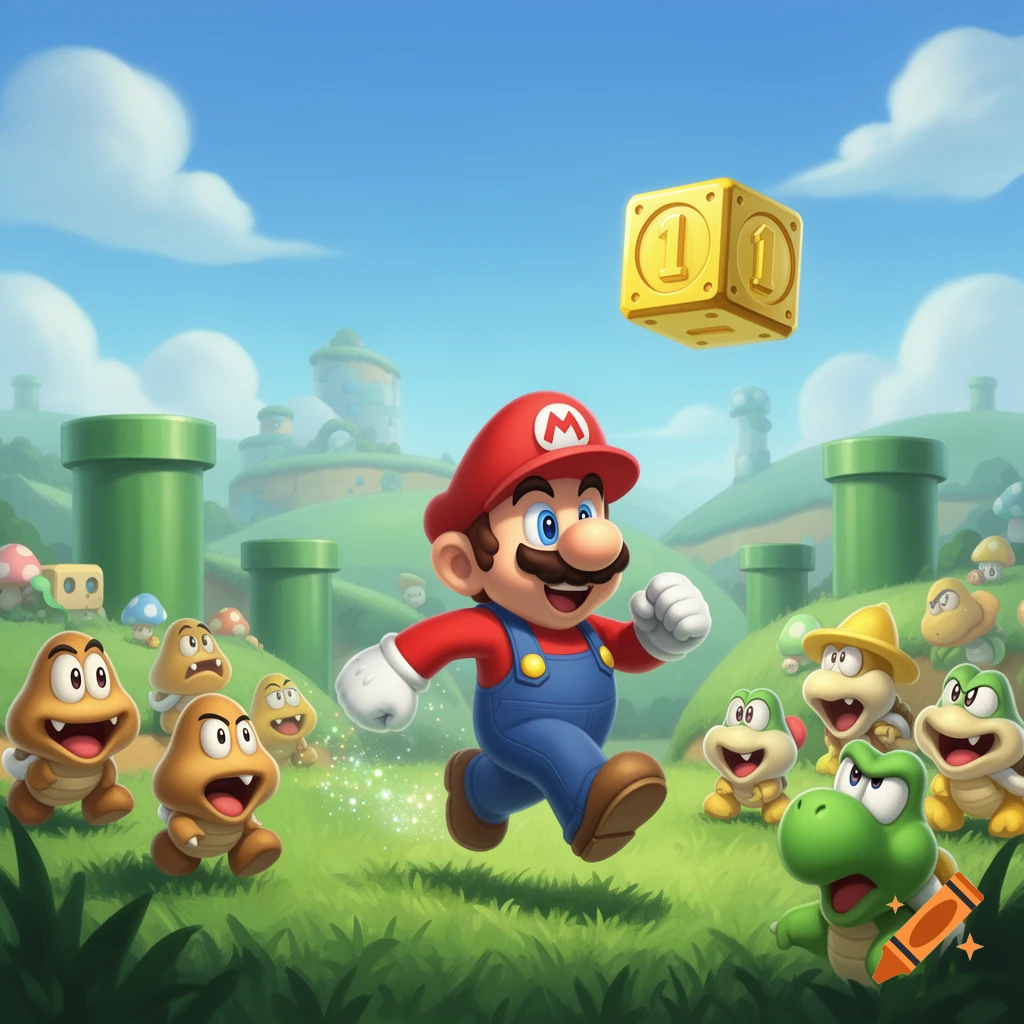 Mario runs through a vibrant Super Mario Bros. level, chased by Goombas and Koopa Troopas, with a golden '1' block floating.