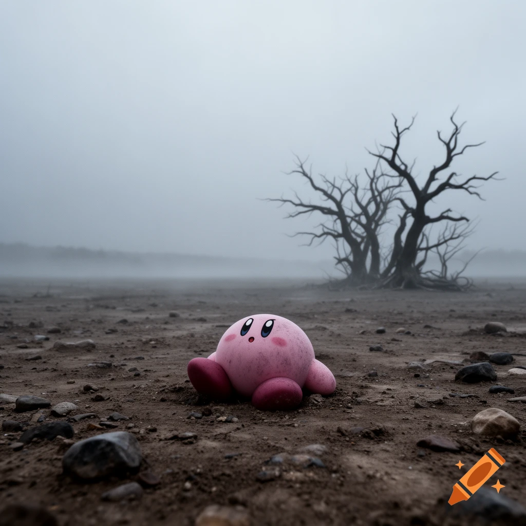 A photorealistic Kirby lies on rocky, desolate ground in a dense fog with bare trees in the background.